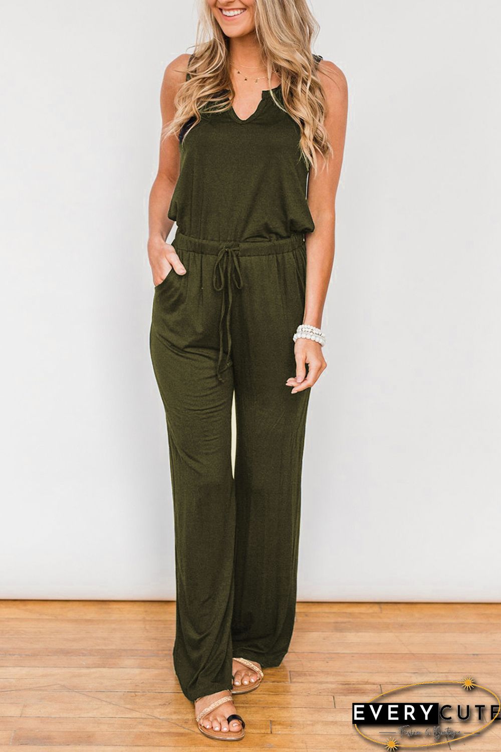 Green Split Neck Drawstring Waist Sleeveless Jumpsuit