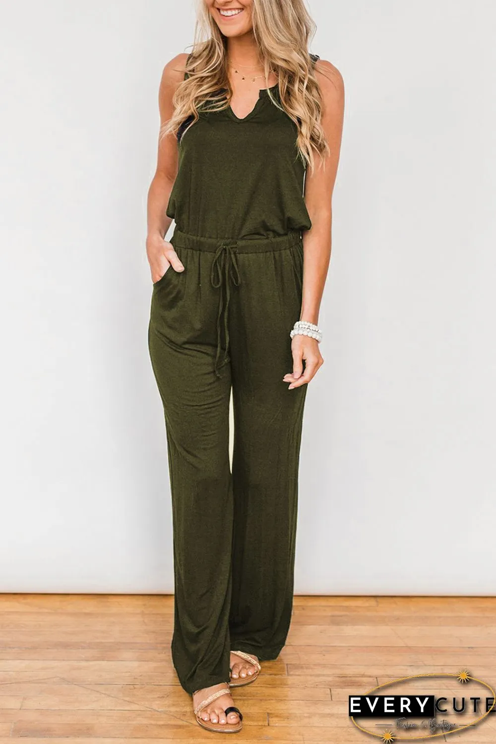 Green Split Neck Drawstring Waist Sleeveless Jumpsuit