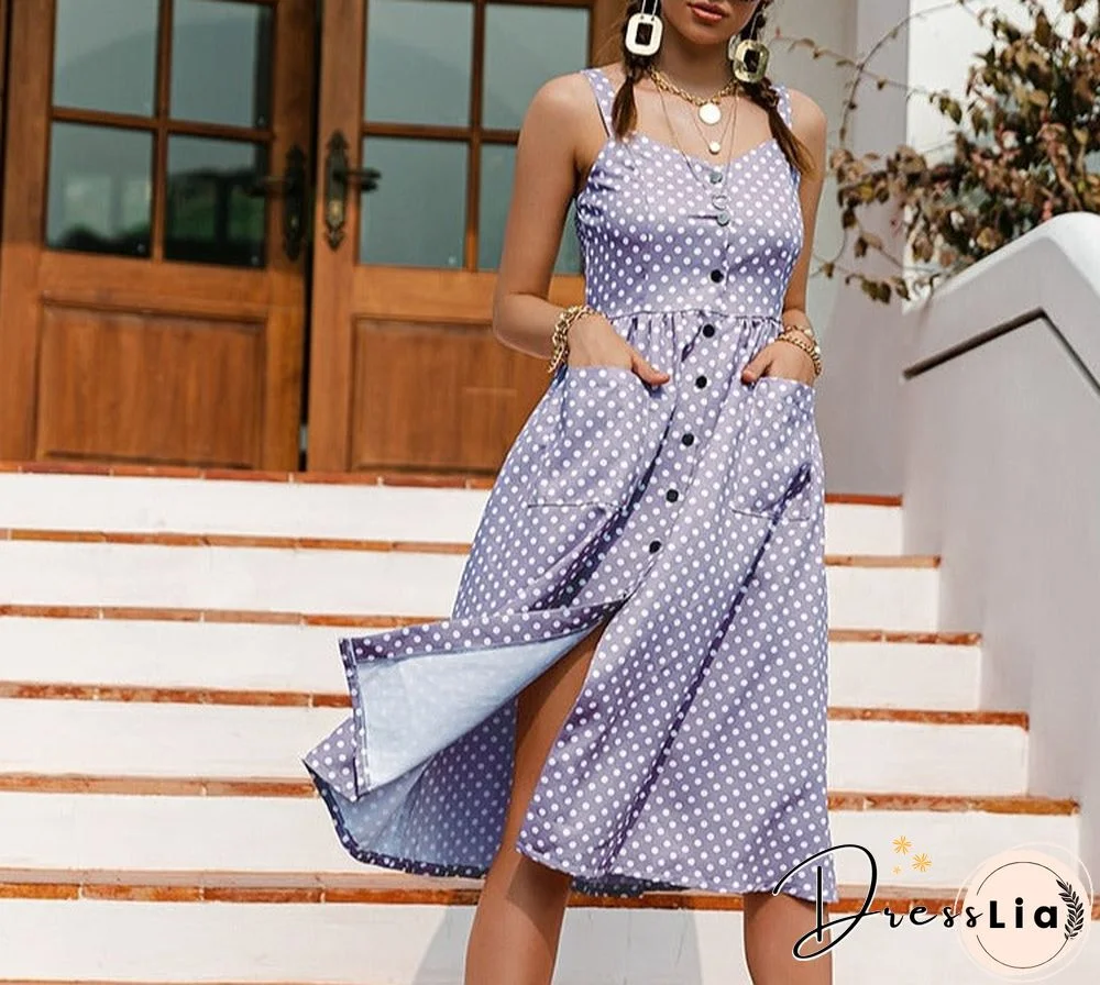 Casual Polka Dot Dress Sleeveless Holiday style high waist buttoned women's Dress Fashion Mid-length summer dresses NEW
