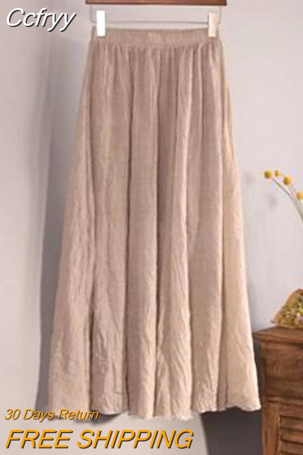 Huibahe Linen Maxi Skirt Women Spring Summer Elastic Waist Vintage Solid Pleated Long Skirts Mori Girl Boho Beach Skirt QH1755