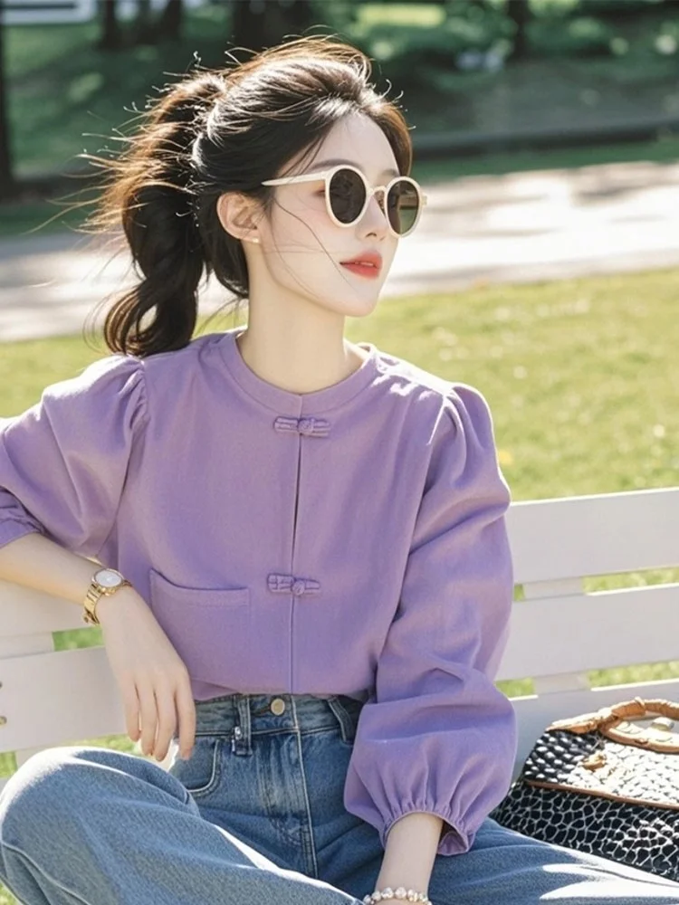 Athvotar Athvotar Chinese Style Buckle Round-Neck Shirt For Women In Spring 2025 New Ocean Design Purple Long-Sleeved Top