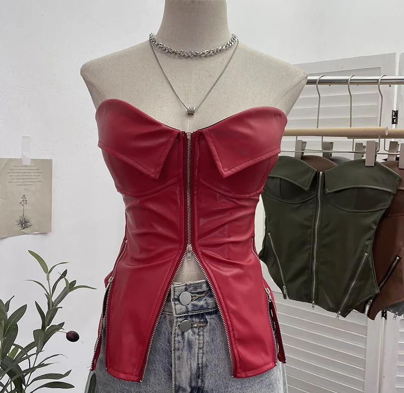 Brownm Real Shooting Hottie Retro Tender With Chest Pad Wrapped Bra Zipper Design Smear Bra Vest Short Sleeveless Top 8968