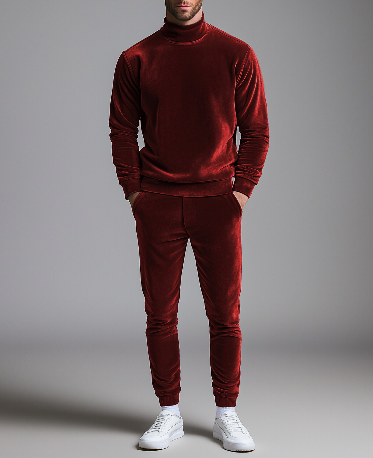 Okaywear High Neck Velvet Sweatshirt & Pocket Pants 2Pcs Set