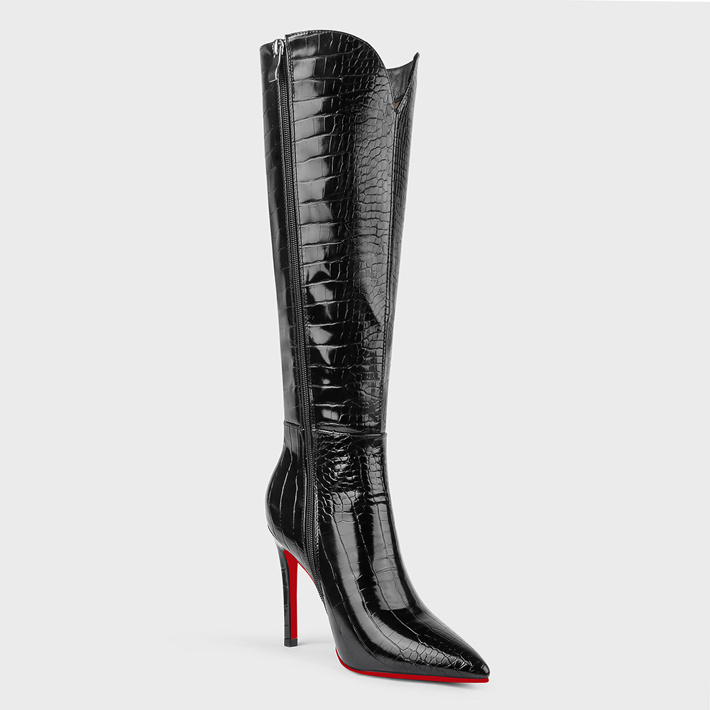100mm Women's  Knee Boots Croc Leather Red Bottom High Heels Boots-MERUMOTE
