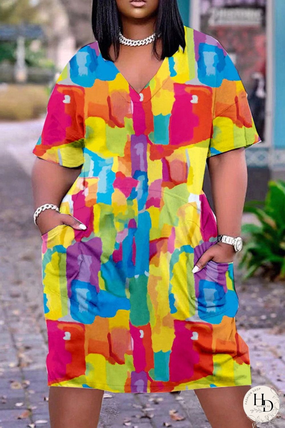 Blue Casual Print Patchwork V Neck Short Sleeve Dress Plus Size Dresses