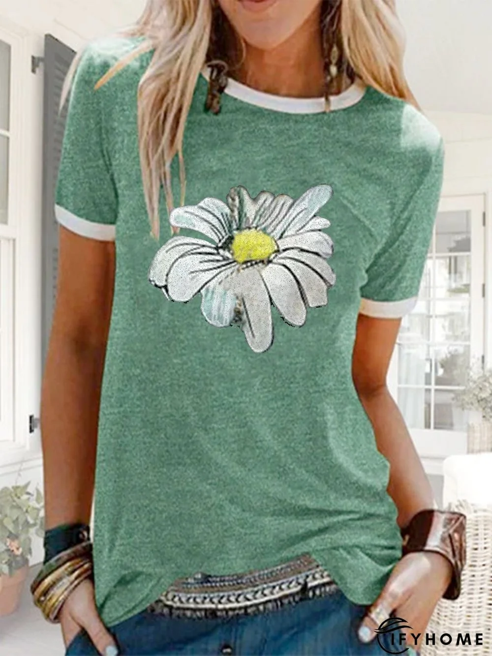 Casual short sleeve round neck chrysanthemum top | IFYHOME