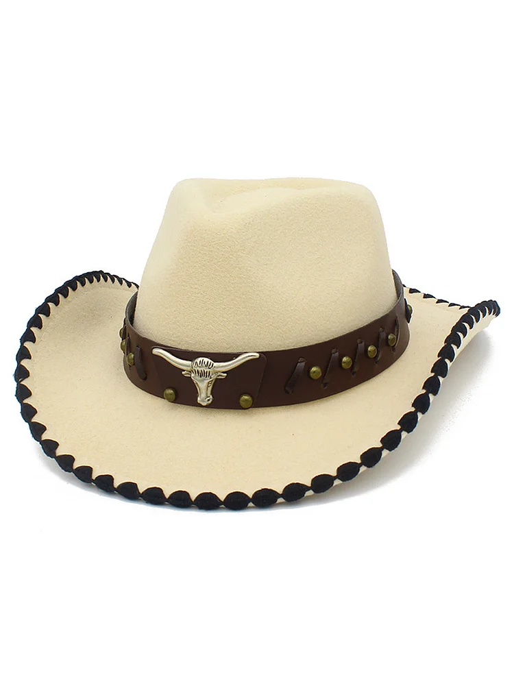 Western Metal Bull Head Belt Woolen Cowboy Hat