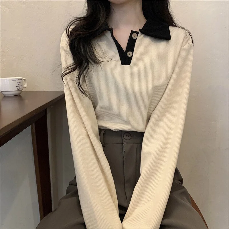 Back to School Loose Corduroy T-Shirt Women's Polo Collar Long Sleeve Simple Casual Fashion Harajuku Comfortable Stretch Tees