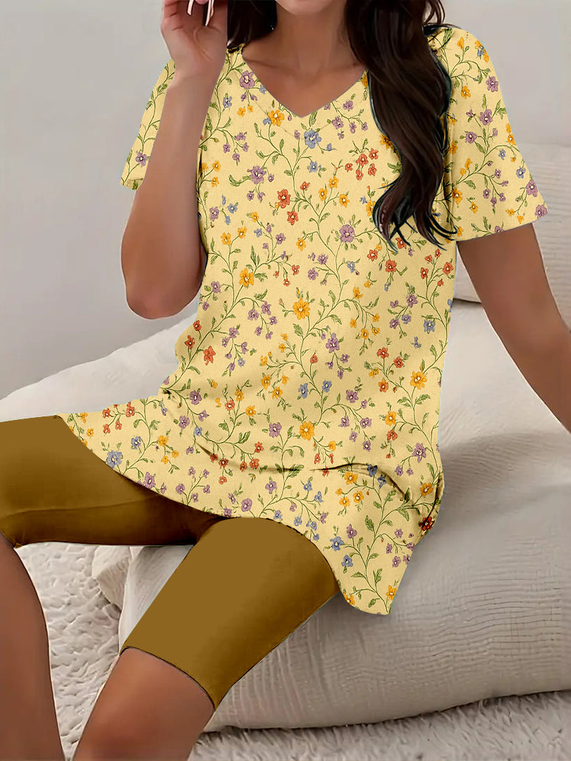 Women Long Sleeve V-neck Graphic Floral Printed Top