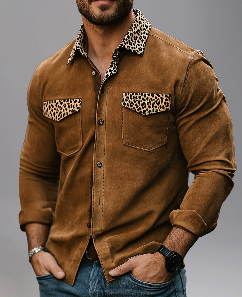 Suede Leopard Patchwork Flap Pocket Button Long Sleeve Shirt