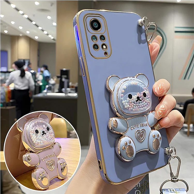Quicksand Bear Holder Lanyard Phone Case For Xiaomi Redmi Note 11 8 12 10 9 Pro Max 10 5G 10s 11s 9A 9T 9C Nfc Strap Stand Cover