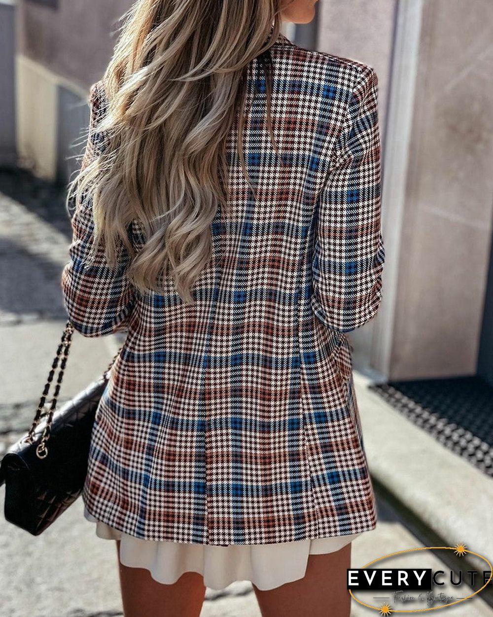 Plaid Lapel Collar Double Breasted Flap Detail Blazer