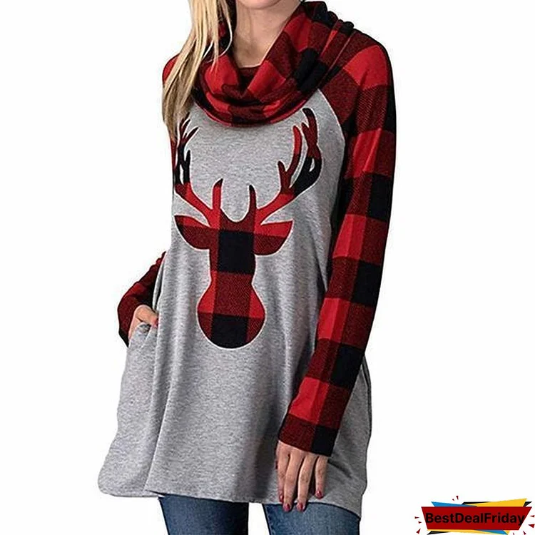 Christmas Fall Winter Plaid Long Sleeve Deer Head Print Blouse T-Shirt Tops