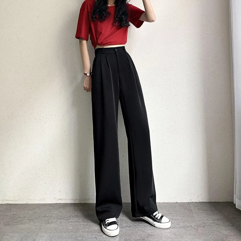 Ice silk wide-legged pants female summer show thin thin section of tall waist drape leisure pants suit pants straight wide pants
