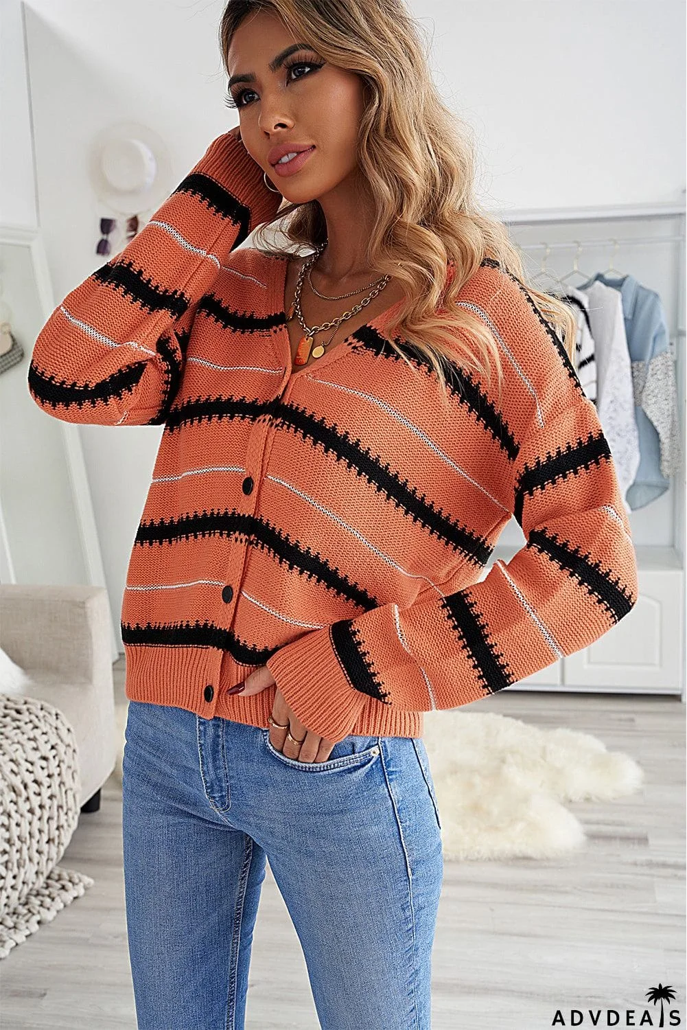 Womens Orange V Neck Stripes Colorblock Button Cardigan
