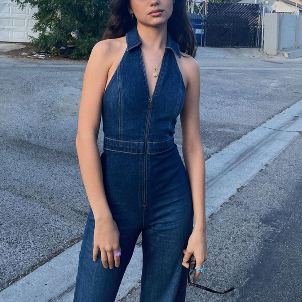 Blue Denim Jumpsuit With Deep V-Neck And Flared Legs