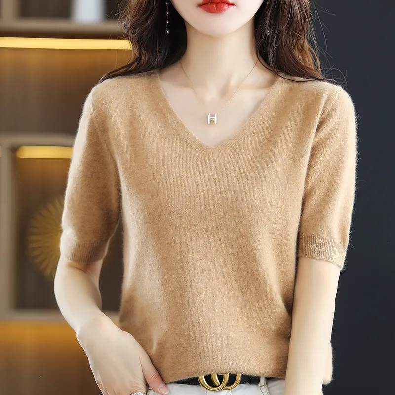 Churchf Churchf 2024 New Short-Sleeved Sweater Women's T-Shirt Solid Color V-Neck Short-Sleeved Bottom Shirt Top Thin Style A Hair
