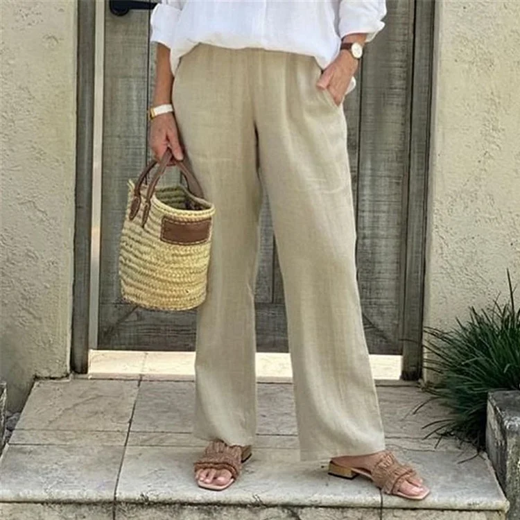 Cotton Linen Elastic Waist Solid Wide Leg Long Pants