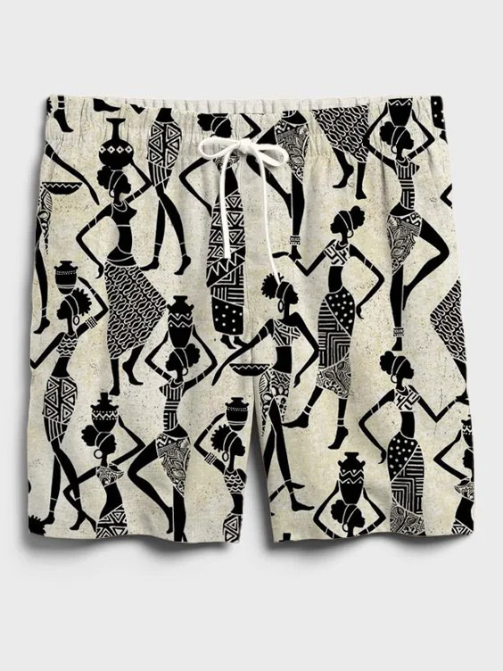 Men's Juneteenth Black Women Print Casual Drawstring Cotton And Linen Shorts