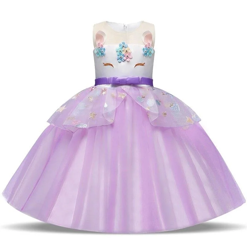 Rainbow Cake Girls Unicorn Dress Long Tail Train Dress Baby Girl Princess Birthday Party Ball Gown Kids Horse Clothes Hairband
