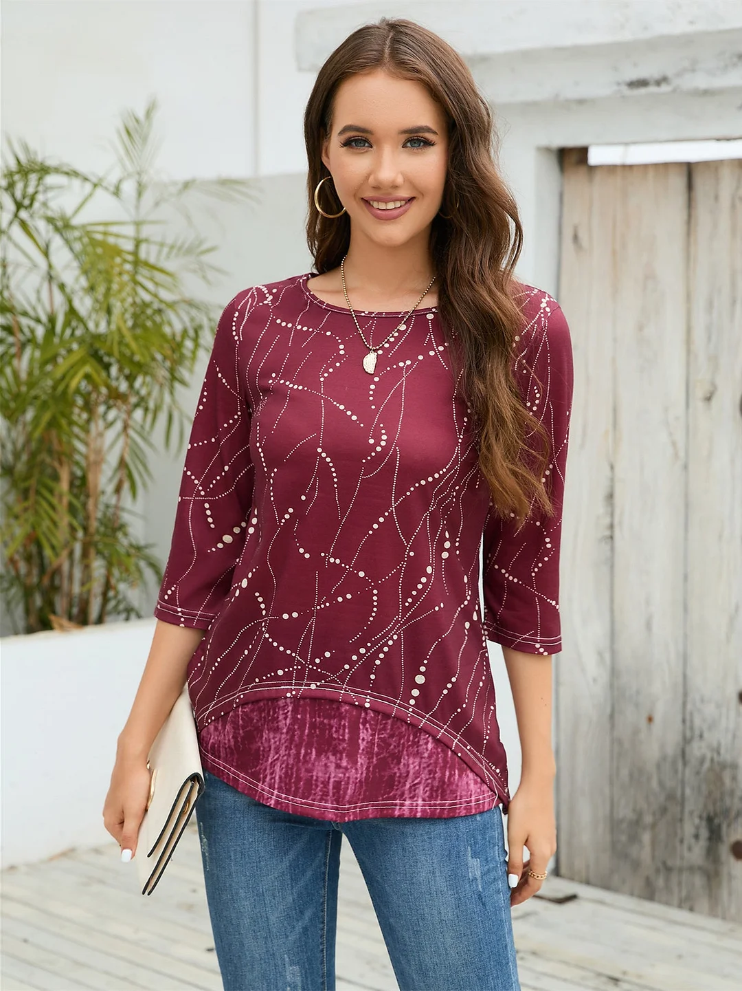 Women's Polka Dot Printed Graphic Solid Color Scoop Neck Long Sleeve Top
