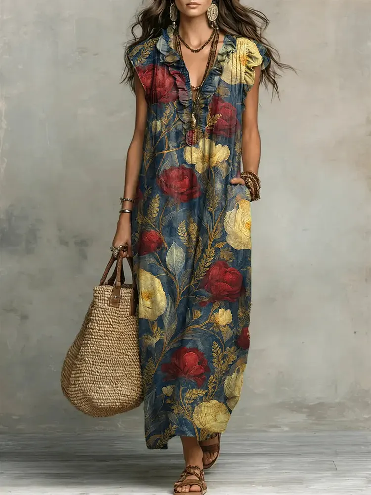 Women's Retro Floral Pattern Art Print Casual Ruffled Stylish Cotton Linen Dress