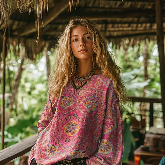 Vintage Ethnic Floral Print Cotton and Linen Blend Loose Top