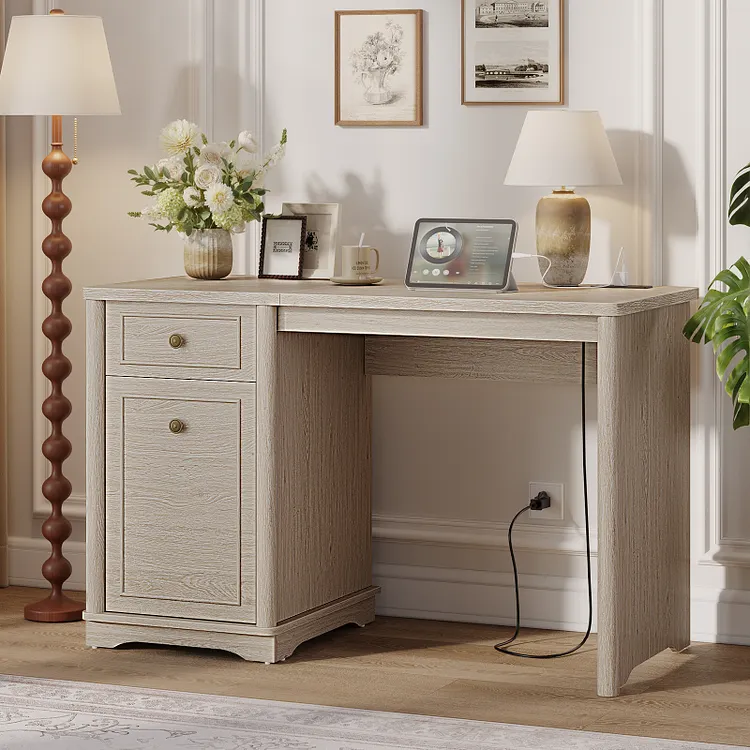 Bestier 47" Computer Desk with Drawer & Storage Cabinet, Farmhouse Home Office Desk with Power Outlets, PC Study Writing Table for Small Spaces