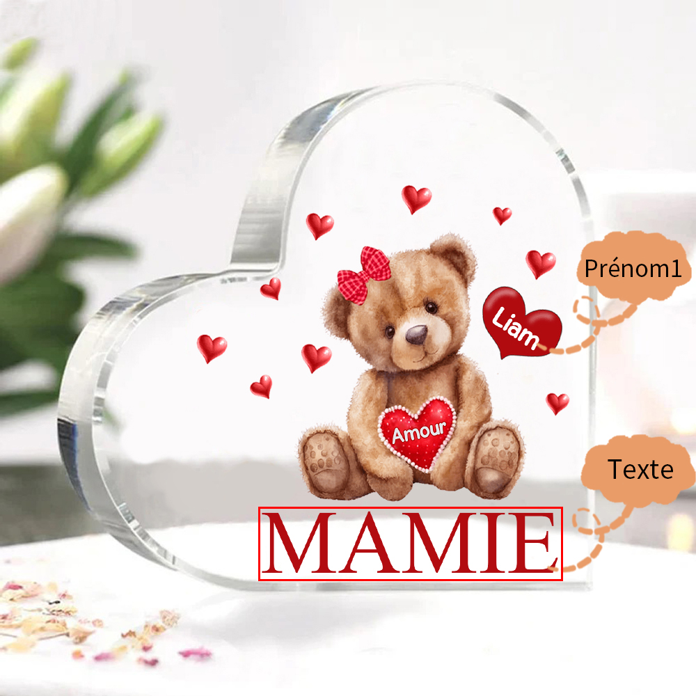 À ma Maman/Mamie - Plaque Acrylique Ours en Forme de Cœur 1 Prénom Personnalisés avec 1 Texte