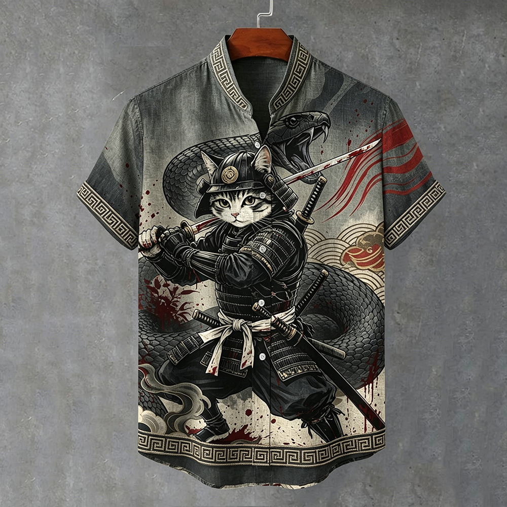 Men's Bloody Samurai Cat & Snake Japanese Art Linen Shirt elevenforest