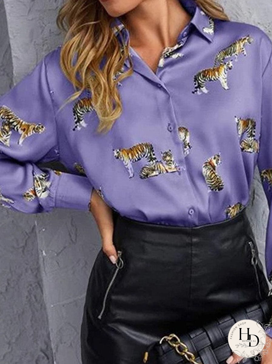 Tempting Printed Lapel Single-Breasted Long-Sleeved Blouse