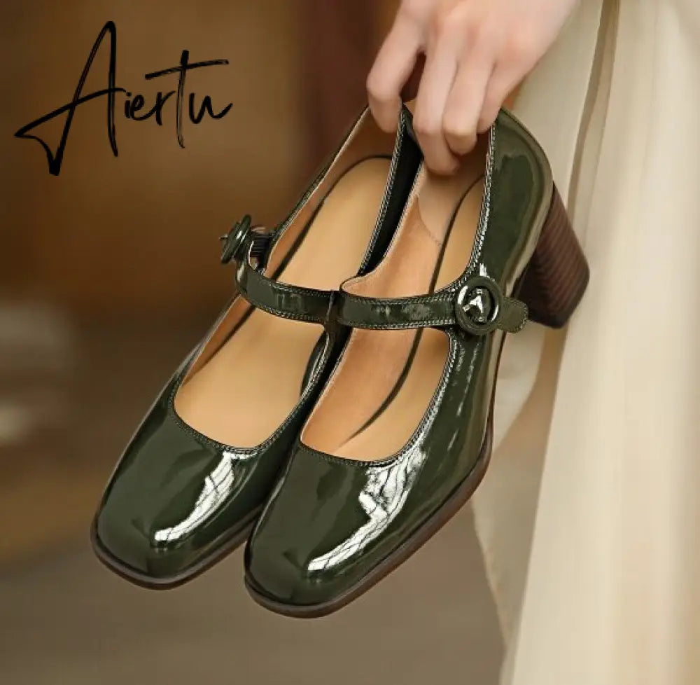 Aiertu Woman‘s New Mary Janes Shoes Genuine Leather Shallow Square heel Pumps Buckle Strap Round Toe Lady Footwear Aiertu