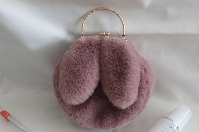 Women’s Plush Rabbit Solid Color Cute Round Lock Clasp Handbag Crossbody Bag