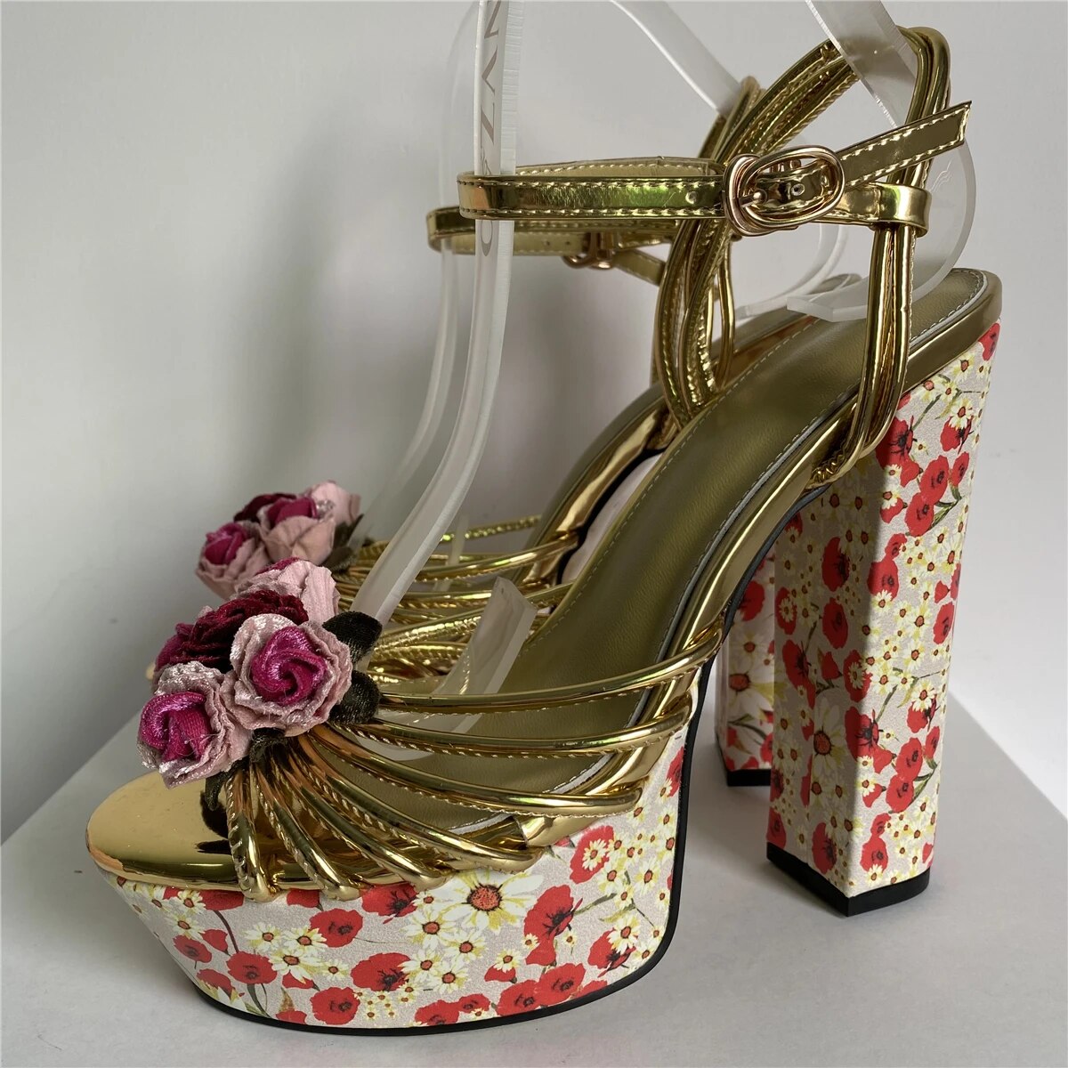 VCSHOES Rose Flower Sandals For Girls Ankle Strap Chunky Heel High Platform Narrow Band Shoes Woman