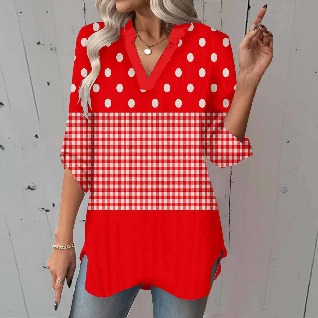 Women Striped,Polka-Dot,Red DZGA0303 3/4 Sleeve V-neck Printed Graphic Button Tops