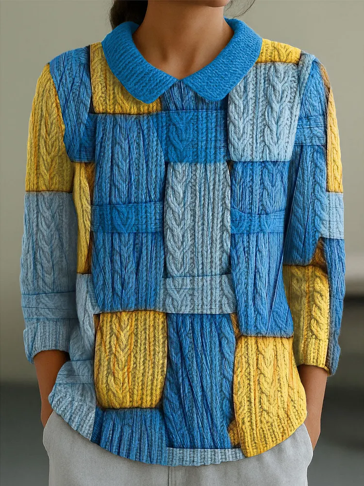 Women's Geometric Color Contrast Splicing Abstract Casual Print Peter Pan Collar 3/4 Sleeve Sweater