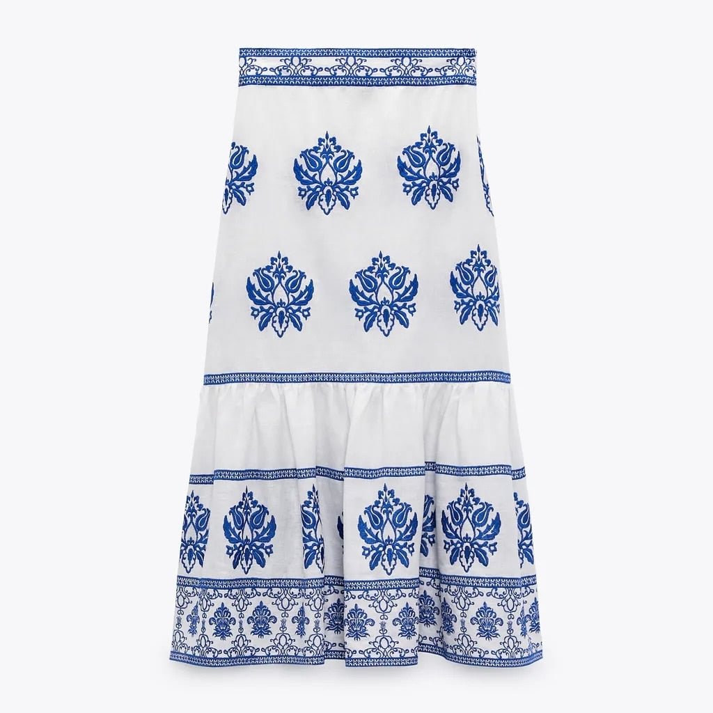 2021 Vintage Women Blue Floral Printed Skirt Fashion High-waist Elegant Midi skirts Woman jupe longue femme