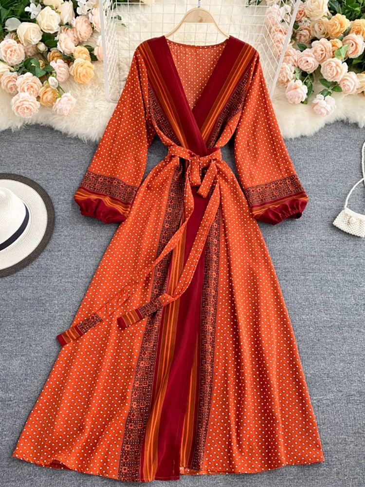 Spring Autumn Women Printed Long Dress Vintage Puff Sleeve High Waist A-Line Vestidos Female 2022 New Fashion Beach Robe