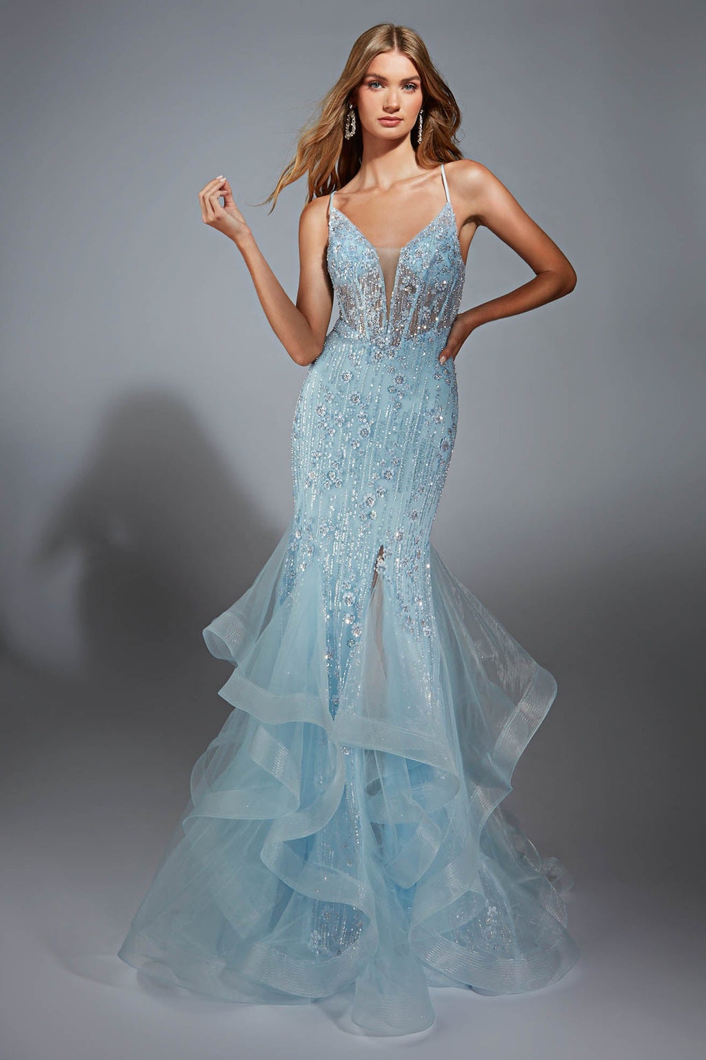 Ovlias Fabulous Blue Spaghetti Strap Sequins Sleeveless Evening Dress LY0725