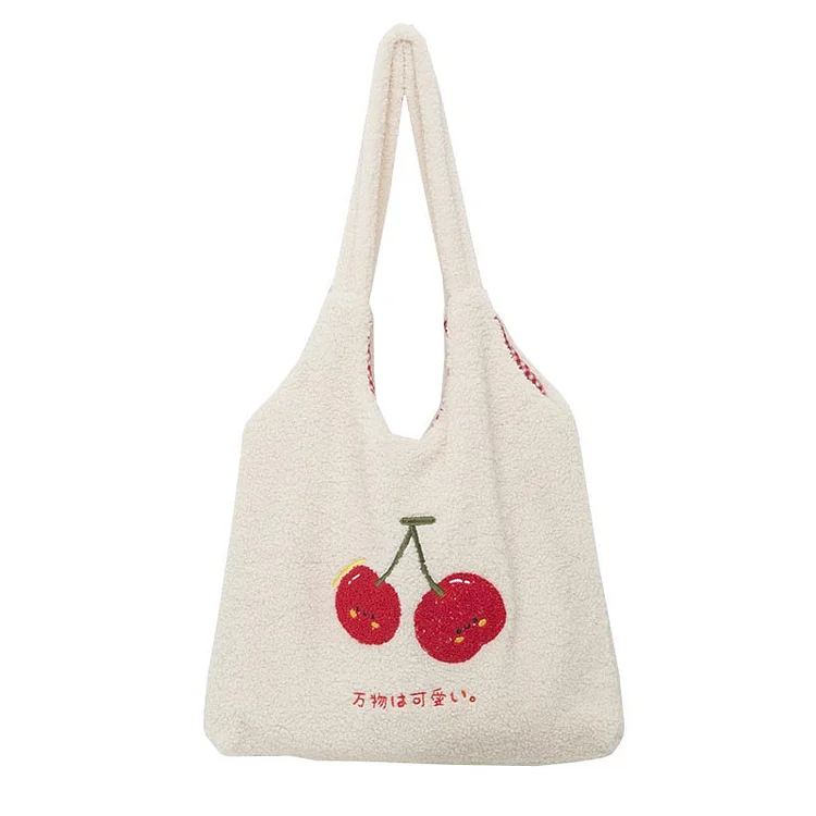 Sweet Cherry Embroidery Plush Tote Bag - Modakawa modakawa
