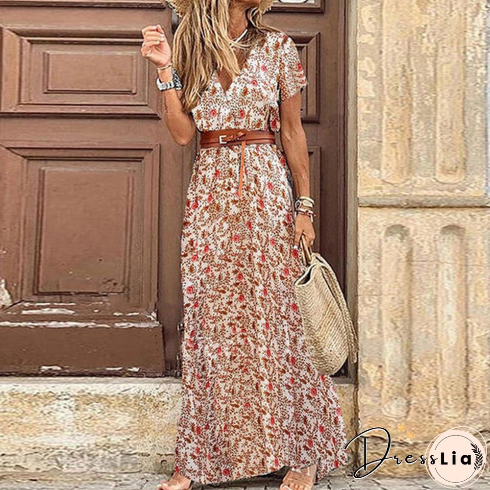 Ladies Summer Sexy Printed Boho Dress with Belt Belt