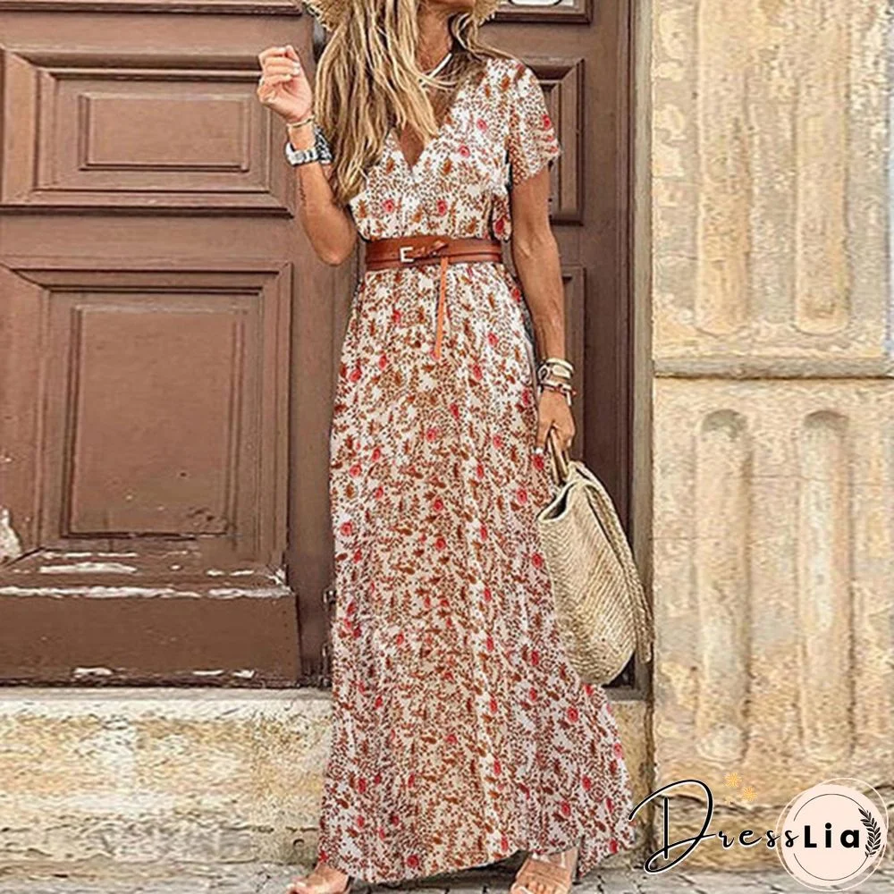 Ladies Summer Sexy Printed Boho Dress with Belt Belt