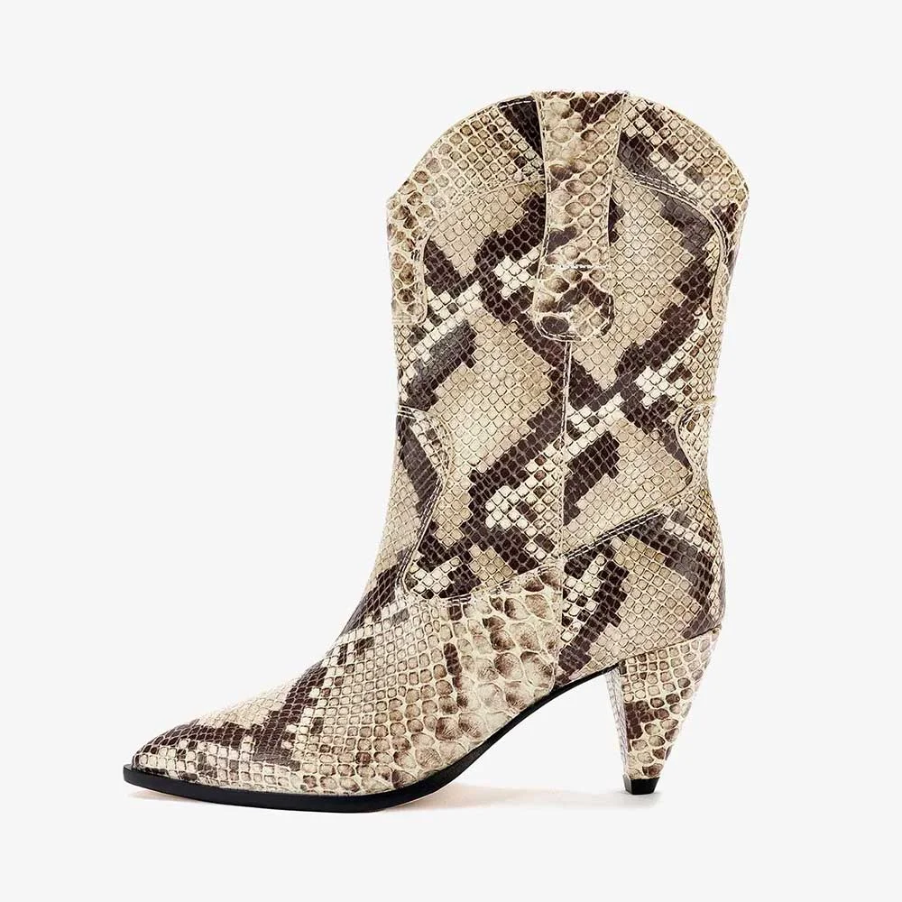 Snakeskin Pattern Pointed Toe Cone Heel Beige Cowboy Boots for Women