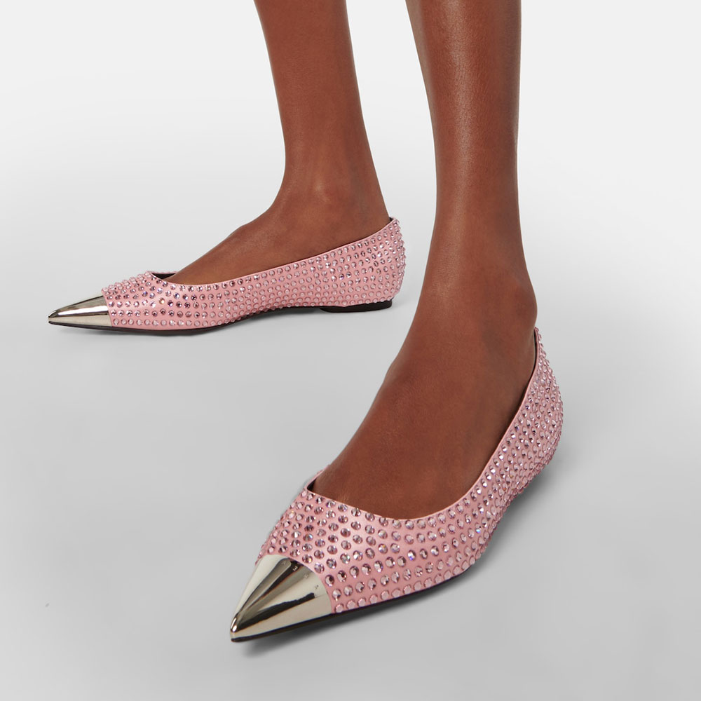 Pink Satin Pointed Toe Rhinestone Embellished Slip-On Ballet Flats Nicepairs