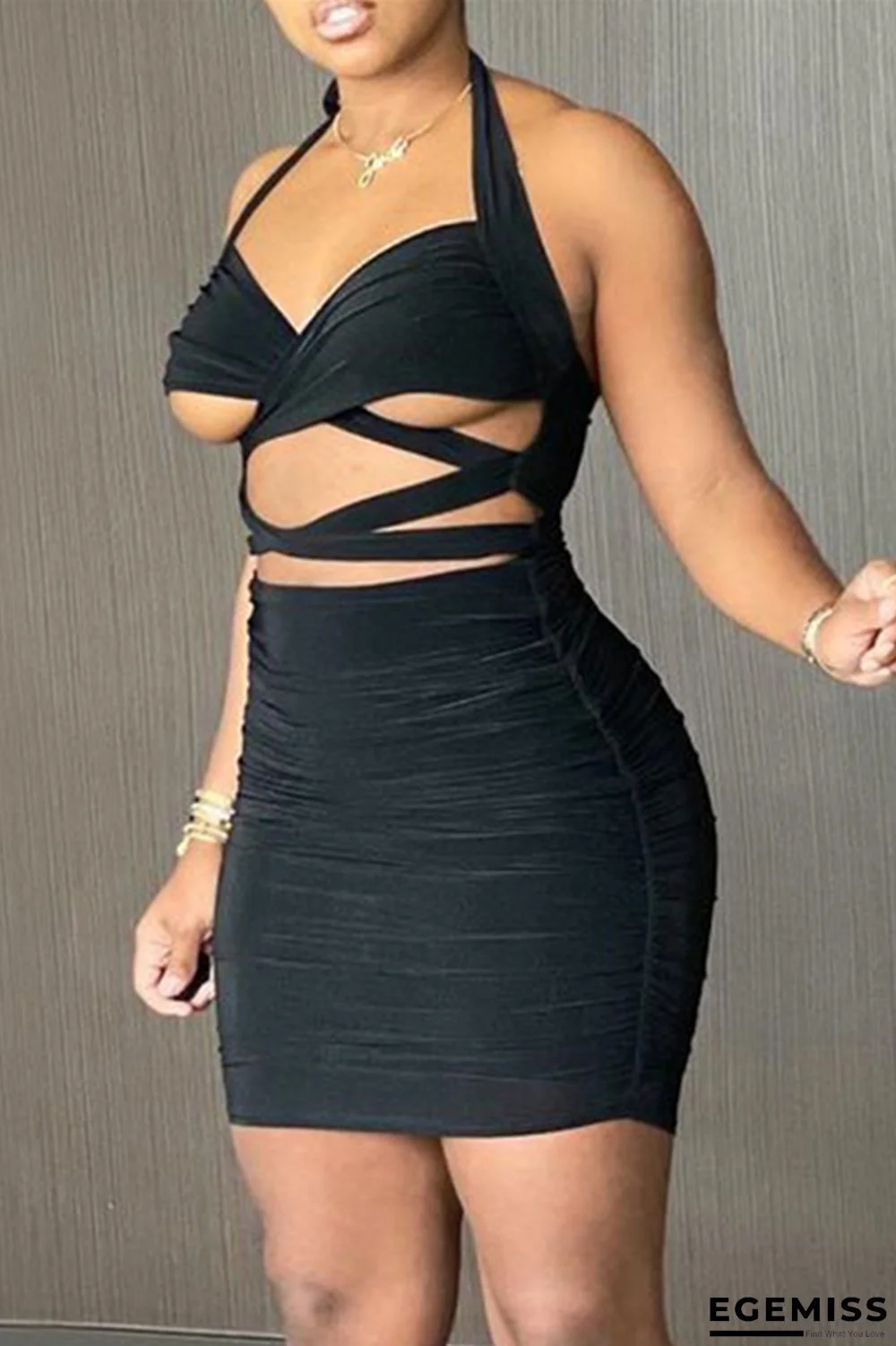 Black Fashion Sexy Solid Hollowed Out Backless Halter Sleeveless Dress | EGEMISS