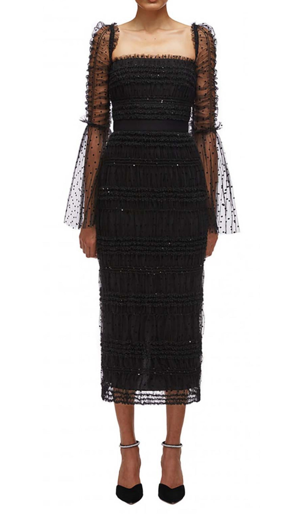Dot Mesh Midi Dress In Black Flowering Girl