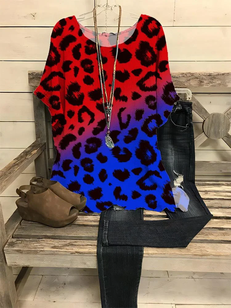 Women's New Gradient Color Leopard Print Half-sleeve Round Neck T-shirt