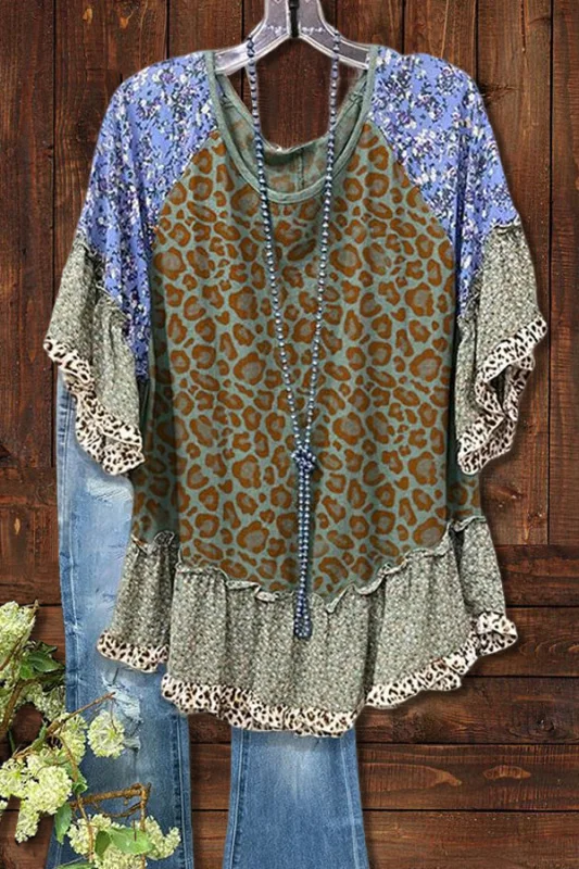 Leopard Print Floral U-Neck Blouse Shirt