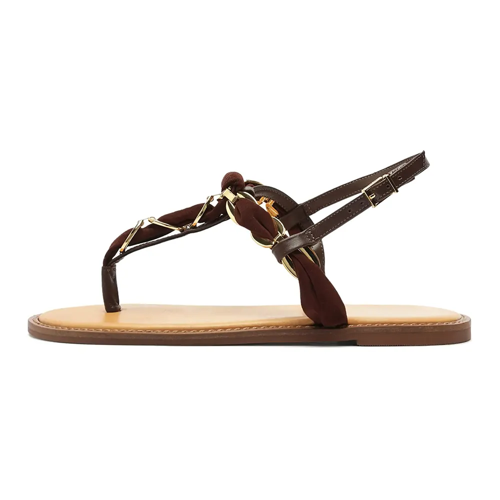 Classic Brown Flip Flop Braided T-Strap Flat Sandals with Buckle Nicepairs