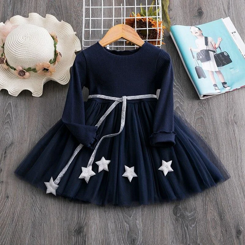 2021 Winter Long Sleeves Girls Dress Flower Design Princess Dress Casual Wear Daily School Home Party Dress Children's Clothing